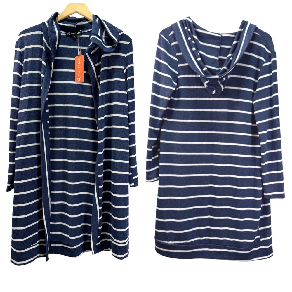Wantable Lightweight Stripe Hooded Cardigan Open Front Women S Blue Nautical NEW
